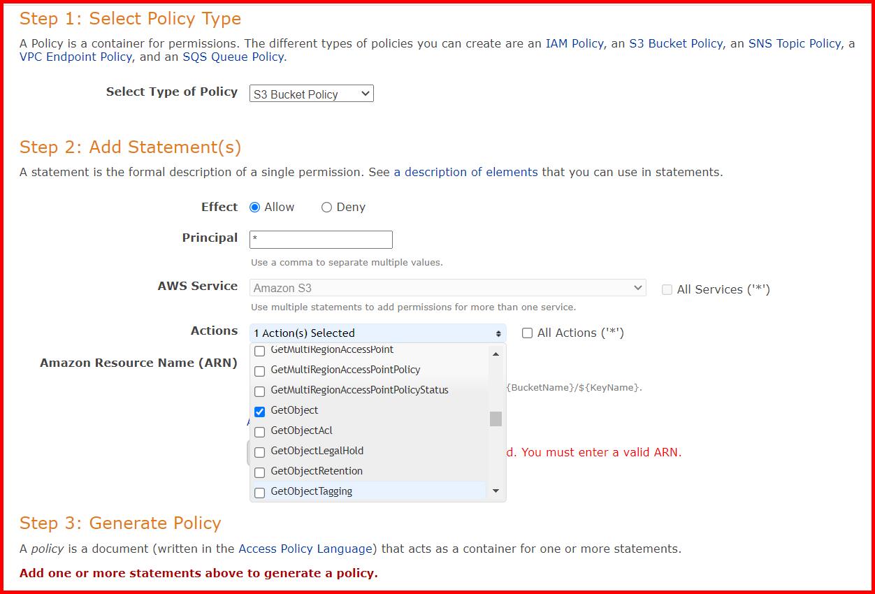 Picture showing selecting the action as GetObject